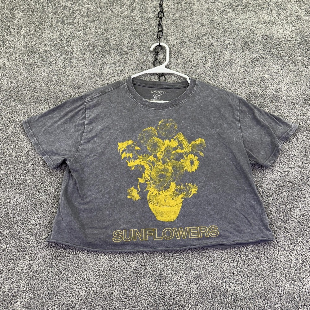Mighty Fine Shirt Womens S Gray Sunflowers Graphic Cropped Tee Summer Casual